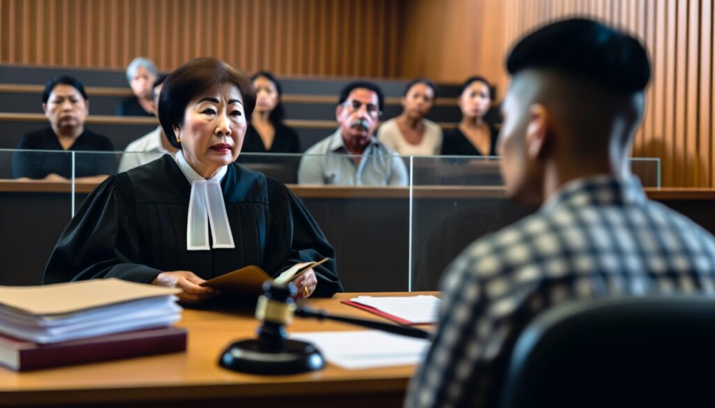 Person awaiting drug possession bail in a courtroom setting